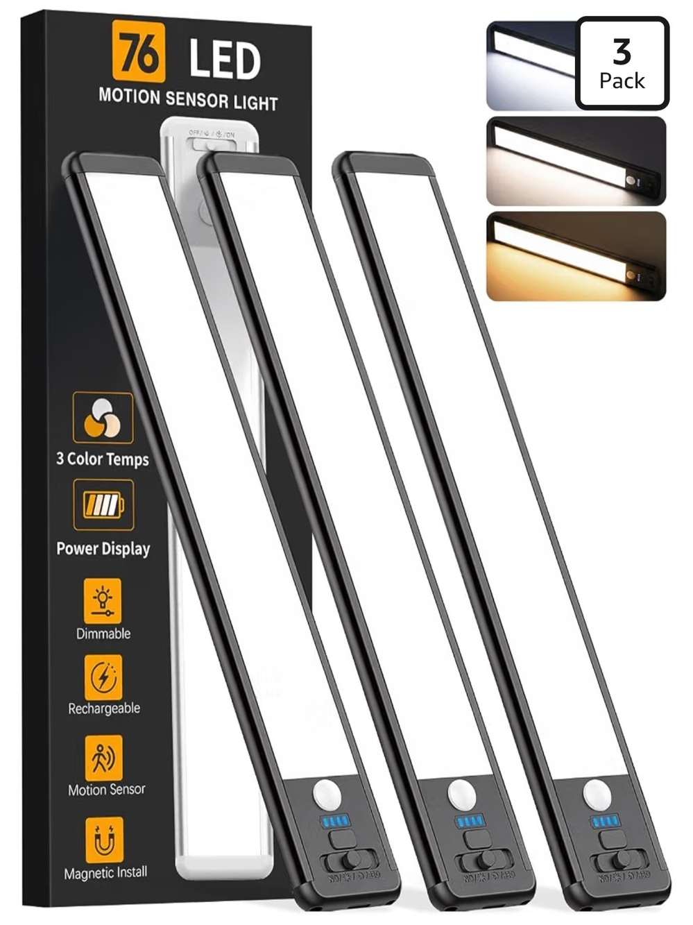 3-Pack Black LED Motion Sensor Rechargeable Lights